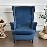 Wing Chair Slipcover 2 Piece Set - 2 IN 1 Design Removable Soft Velvet Wingback Chair Covers Armchair Stretch Covers Furniture Protector for Wingback Chairs Living Room Bedroom Hotel (Navy Blue)