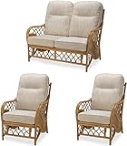 Desser Oslo Rattan Conservatory Furniture Set – 2 Seater Sofa & 2 Armchairs – Fully Assembled Luxury Indoor Natural Cane Wicker Chairs & Settee Suite with UK Made Cushions – Jasper Fabric