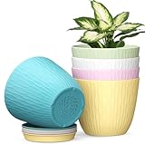 Plastic Plant Pots Indoor, 5 Pack 15cm Stripe Grooves Flower Pots with Drainage Holes and Tray, Modern Decorative Planter Pot for All House Plants（Multicolor）
