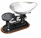 KitchenCraft Living Nostalgia Mechanical Kitchen Scale with Bowl in Gift Box, Scale made of Cast Iron with Acacia Wood Stand, Black