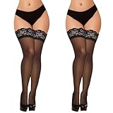 FEXPDL 2 Pairs Black Stockings for Women, Hold Ups Anti-skid Silicone Silk High Stocking With Black Lace (ONE SIZE)