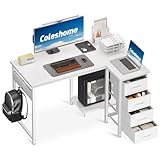Coleshome Computer Desk with Drawers, 100x70 cm Corner Desk for Home Office, Reversible L Shaped Office Desks White