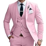 Mens Suits 3 Piece Slim Fit Suit Set Business Wedding Tuxedo Jacket Vest Pants, Pink, M