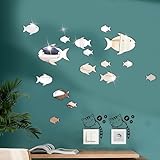 Fish Mirror Wall Stickers, 18PCS Cute Fish Stickers Self Adhesive Wall Art Stickers for Living Room Kids Bedroom Office, with 2PCS Cat Switch Stickers