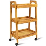 lamde 3-Tier Wooden Rolling Cart- Wooden Utility Cart wit Wheels- Utility Rolling Cart-Storage Trolley Organizer- Rolling Kitchen Cart Serving Cart for Office,Kitchen, Kids' Room (Yellow)