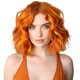 BECUS 12In Short Ginger Bob Wig for Women with Bangs, Natural Curly Wavy Synthetic Wig for Daily Wear, Halloween, Party & Cosplay