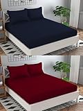 N G Products 310 TC Combo Pack of 2 Glace Cotton Satin Stripes Elastic Fitted Plain Double Bedsheets with 4 Pillow Covers for Home/Hotels/Guest House (Blue & Maroon)