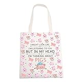 ENSIANTH Pig Tote Bag - Funny Pig Lover Gifts: 'I Might Look Like I'm Listening To You But In My Head' Canvas Tote