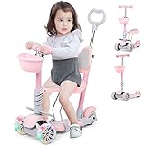 5 in 1 Scooter for Kids with LED Lights, Adjustable Height Kick Scooter for Girls & Boys Birthday Gifts, 3 Wheel Sit or Stand Ride Brake Removable Seat and Push Rod Indoor Outdoor Toys, Pink