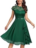 MIUSOL Women's Vintage Lace Contrast Chiffon Ruffles Classy Party Flared Swing Dress (Medium, Dark Green)