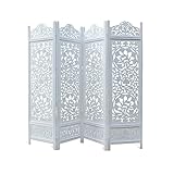 Kamal The Lotus Antique White 4 Panel Handcrafted Wood Room Divider Screen 183x203, Intricately carved on both sides making it fully reversible, highly versatile. Hides clutter, adds dÃcor
