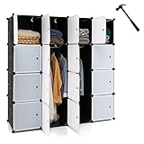 COSTWAY Portable Wardrobe, 16 Cube Closet DIY Interlocking Combination Armoire with 2 Clothes Hanging Rails, Space Saving Plastic Modular Cabinet Storage Organizer for Clothes, Shoes and Toys (Black)