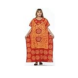 Odishabazaar Cotton Batik New Indian Kaftan Plus Size Women Dress Caftan Boho Hippy Beach Cover Up, Yellow-red, One Size