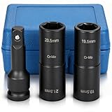 Sukudon 3PCS Impact Wrench Nuts 18.5 mm 19.5 mm Socket Spanner Set 1/2 Inch Double Head Wheel Brace Tyre Change Tool,Includes 3-Inch Impact Extension Bar,Fit Ford Land Rover and All Models