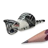 WitnyStore Tiny 1¼" Long Grey Tabby Crouching Cat Figurine - Miniature Hand Made Painted Ceramic Striped Shorthair Cats Kitten Animals Porcelain Clay Decorative Collectible Figurines Décor Gifts