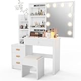 Dressing Table with Mirror and Stool, Vanity Table with LED Lights and Adjustable Brightness, Vanity Desk with Mirror, Makeup Desk for Bedroom, For Adults Women Girls Bedroom, White(Upgraded version)