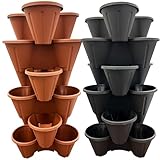 STORM TRADING GROUP Strawberry Planters Tri-Pot Stacking Pots For Herb Flower Bedding Indoor Outdoor Garden Black & Terracota (Black, 3 Strawberry Planters (Trio 3 Pot))