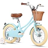 Glerc Little Molly 16 Inch Kids Girls Bike for 4 5 6 7 Years Old Little Girls Retro Vintage Style Bicycles with Wicker Basket, Stabilisers and Bell for Birthday Gift, Blue