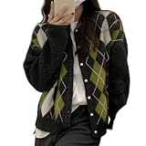 Trendy Fall Sweater for Women 2025 Grunge Argyle Plaid Preppy Y2K E-Girl Cardigan Chunky Knit Vintage Grandpa Sweater, A Black, XL