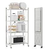 DEANIC Folding Storage Shelves,4 Tiers Metal Shelving Units for Storage 61x116x28 CM, Corner Kitchen Shelves on Wheels,Pantry Shelves,Bookcase for Living room Grey
