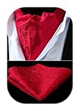 HISDERN Red Cravat for Men Silk Paisley Cravats and Handkerchief Jacquard Wedding Ascot Tie & Pocket Square Set for Business Party