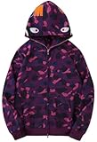 Imilan Ape Bape Hoodie Shark Camo Sweatershirt Zip Up Hip-Hop Outerwear for Men Women, 01purple-1, Large