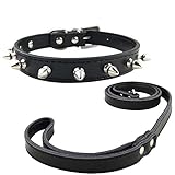 Newtensina Fashion Dogs Collar and Leash with Studs Soft Leather Punk Studded Dog Collar with Lead for Small Dogs - Black - S