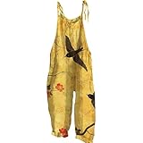 EMUKFD Denim Jumpsuit Dungarees Wide Leg Boho Print Jumpsuit Floral Loose Fit Playsuits Cotton Linen Summer Beach Sleeveless Rompers Bib Overalls Breathable Baggy Casual Holiday Trousers Leisure Wear