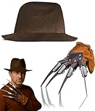 Mega_JumbleSale® Halloween Nightmare On ELM Street Adult Freddy Krueger Claw Glove & Brown Hat Carnival Cosplay Horror Scary Fancy Dress Costume Set