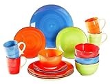 simpa 16PC Hand Painted Assorted Bright Colourful Stoneware Dinner Set. 4 Dinner Plates, 4 Side Plates, 4 Bowls & 4 Mugs. Dishwasher & Microwave Safe.