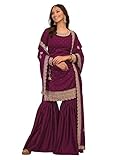 TRENDMALLS Women's Art Silk Embroidery Kurta Sharara Set with Dupatta (G253-Purple-M)