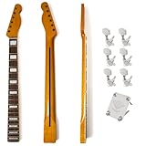 Premium 21-Fret Maple Guitar Neck Upgrade Kit for Fender Telecaster-Style Guitars Compatible, Chrome Tuners & Neck Plate Included, Rosewood Fingerboard with Square Inlays, Bright Yellow Gloss Finish