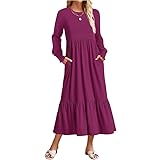 TANMESSO Women's 2024 Fall Casual Crewneck Long Sleeve Midi Dress Loose Pleated Tiered Swing Dress with Pockets (purple,XL,XL,Regular,Regular)