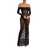 CocMouse Women Vintage Y2k Lace Maxi Dress Long Sleeve Off Shoulder See Through Mesh Bodycon Dress Sheer Club Long Dress (Black, XL)
