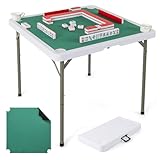 COSTWAY Folding Mahjong Table, Portable Square Card Table with Removable Game Mat, 4 Cup Holders, HDPE Tabletop, Metal Legs, 90 x 90 x 74 cm (Pure Green)