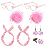 atnayo 8 Pcs Pink Ladies Grease Fancy Dress Set, Glasses Scarf Polka Dot Headband Earrings Ear Studs for Women Lady Retro Party Decor