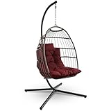 SereneLife Foldable Egg Chair, Rattan Wicker Hanging Swing Chair with Stand, Waterproof Cushion & Headrest, Indoor Outdoor Garden Patio Porch Bedroom Lounge Furniture, Red