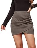 FEOYA Women's Faux Suede Mini Skirt High Waisted Ruched Bodycon Skirt Wrap Slim Fit Skinny A Line Skirts Solid Color Autumn Winter Spring Warm 06 Grey