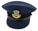 handembroideryuk RAF Officer Peaked Cap – Royal Air Force Dress Hat with Bullion Queen Crown Badge | Military Parade Headgear with Leather Strap