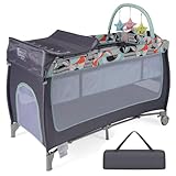 Maxmass 4 in 1 Baby Travel Cot, Folding Infant Crib with Mattress, Diaper Changer, Storage Pockets, 3 Hanging Toys, Lockable Wheels & Carry Bag, Portable Bedside Sleeper for Newborn (Grey+Blue)