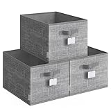 SONGMICS Collapsible Storage Boxes, Set of 3 Fabric Storage Baskets, 40 x 30 x 24 cm, Wardrobe Storage Organisers, 2 Handles, Label Holders, for Bedroom, Living Room, Cattail Grey ROB440G01