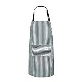 Waterproof Vinyl Kitchen Apron with Pockets - Wipe Clean Blue Stripe Pinafore Apron for Women & Men - Adult Dishwashing