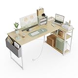 BEXEVUE Small L Shaped Desk with Power Outlets - 100x70 cm Corner Computer Desk Writing Table, Reversible Large Storage Shelves, Bookshelf Workstation for Study Play Work Bedroom Home Office Beige