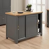The Furniture Market Marbury Slate Grey Painted | Kitchen Island Counter with Breakfast Bar Table Top | Seats 2 Bar Stools | Sliding Doors | Fully Assembled | H 900 x W 1250 x D 680mm
