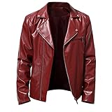 RLEHJN Mens Leather Jackets, Winter Coats for Men Full Zip Biker Motorcycle Jacket Faux Leather Bomber Flying Jacket Lapel Collar Windproof Outerwear with Zipper Pockets Black and Red S-5XL