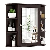 COSTWAY Bathroom Mirror Cabinet, Single Door Wall Mounted Storage Cupboard with Adjustable Shelves, Home Office Living Room Display Organiser Unit (Brown, 65 x 17 x 64cm)