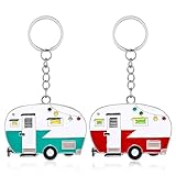 DSLSQD 2 Pieces Camper Keychain, RV Camper Keyring Camper Accessories for Travel Trailers Retro Camping Car Keychain Cute Keychains for Camper Decor RV Travel Camping Trip Souvenirs(Red+Green)