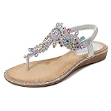 iCKER Women's Flat Sandals Ladies Thong Flat Sandals Bohemian Beaded Strap Sandals Diamante Rhinestone Leather Sandals, 7UK(label size 41), Silver PD01