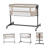 KinderKraft Neste UP 2 Bedside Crib, Travel Cot, Co-Sleeping Bed, Ajustable Height, Foldable Side Wall, Transport Wheels, with Accessories, Cotton Sheet, for Newborn, 0-9 kg, up to 6 Month, Beige