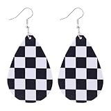 Checkered Earrings for Women, Black and White Chessboard Dangle Drop Earrings Lightweight Leather Teardrop Vintage Accessories Gift for Her